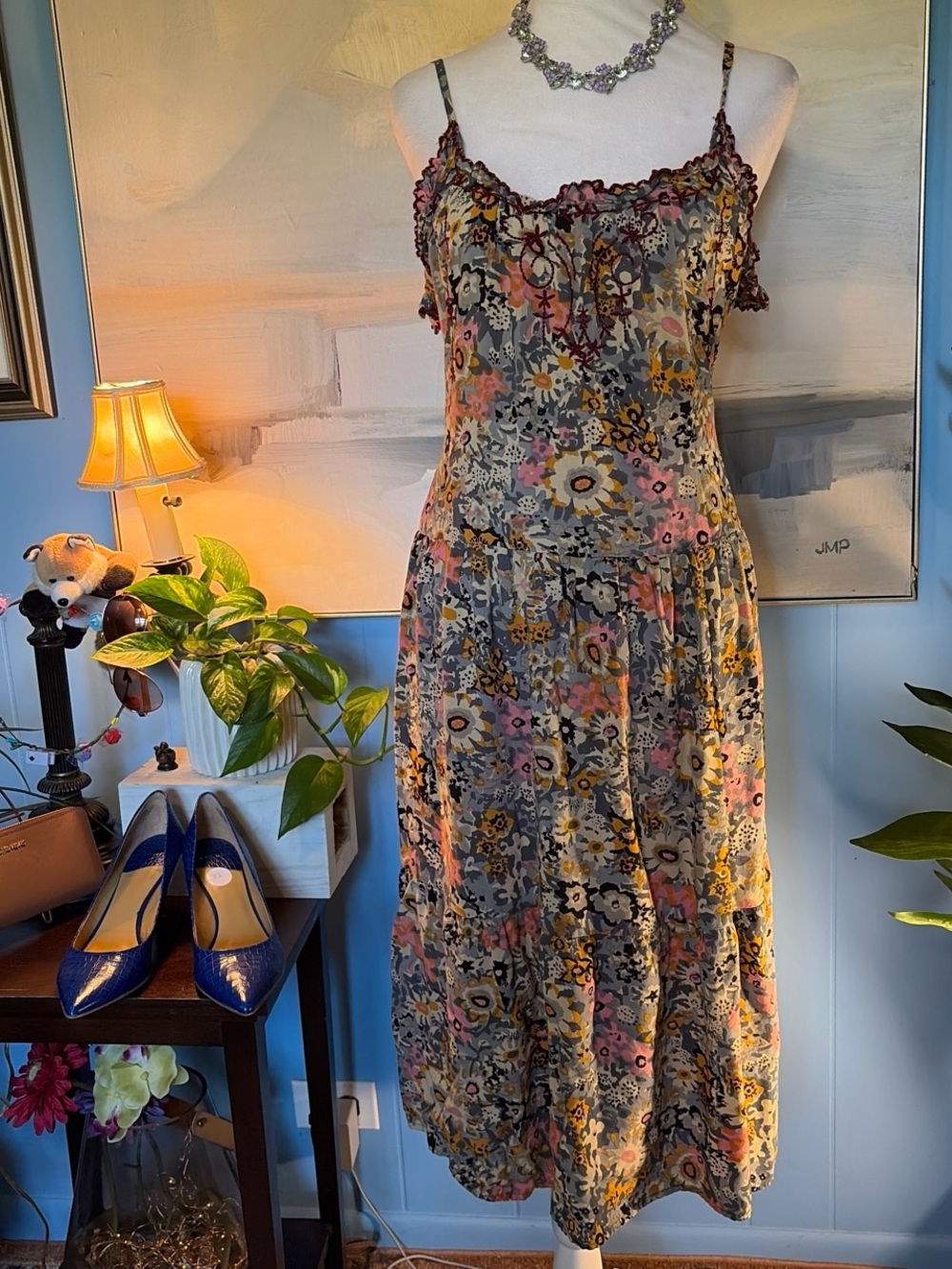 NATURAL LIFE Floral Maxi Dress in Gray, Yellow & Pink